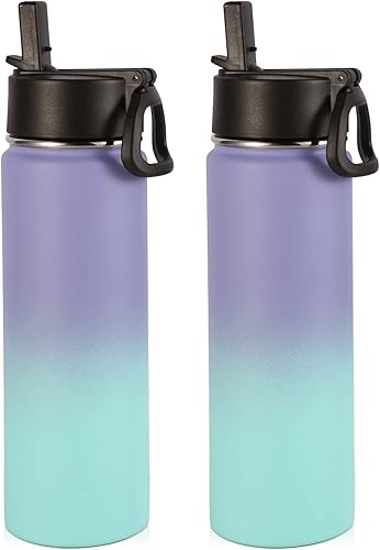 Volhoply Botellas de agua aisladas con popote a granel, paquete de 2, botella deportiva de acero inoxidable de 22 onzas con tapa de asa, tazas de