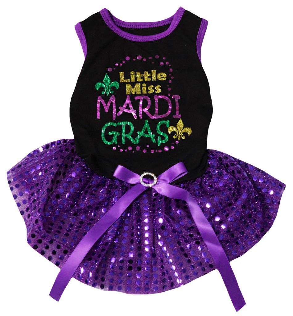 Petitebella Little Miss Mardi Gras Puppy Dog Dress (Black/Purple Sequins, Small)