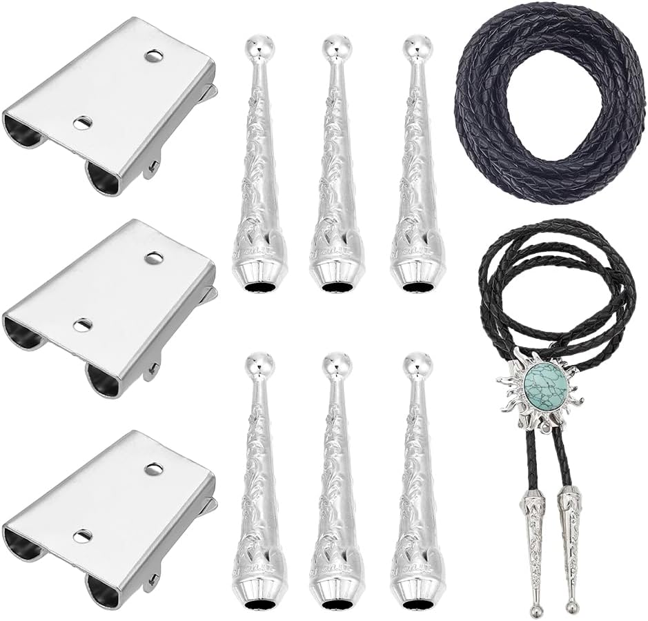 NBEADS 3 Sets Bolo Tie Making Kit, Bolo Tie Tips Replacement End Caps Kit Bolo Tie Buckle Accessories with 6 Pcs Alloy Cord End and 3 Pcs Iron Bolo Tie Slide Clasps for Bolo Tie Making, Platinum