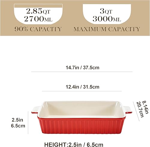 Miniatura 2 de MALACASA Bandeja para hornear, cazuela para horno, bandeja de cerámica de 3 cuartos de galón, bandeja rectangular para lasaña profunda con asas para