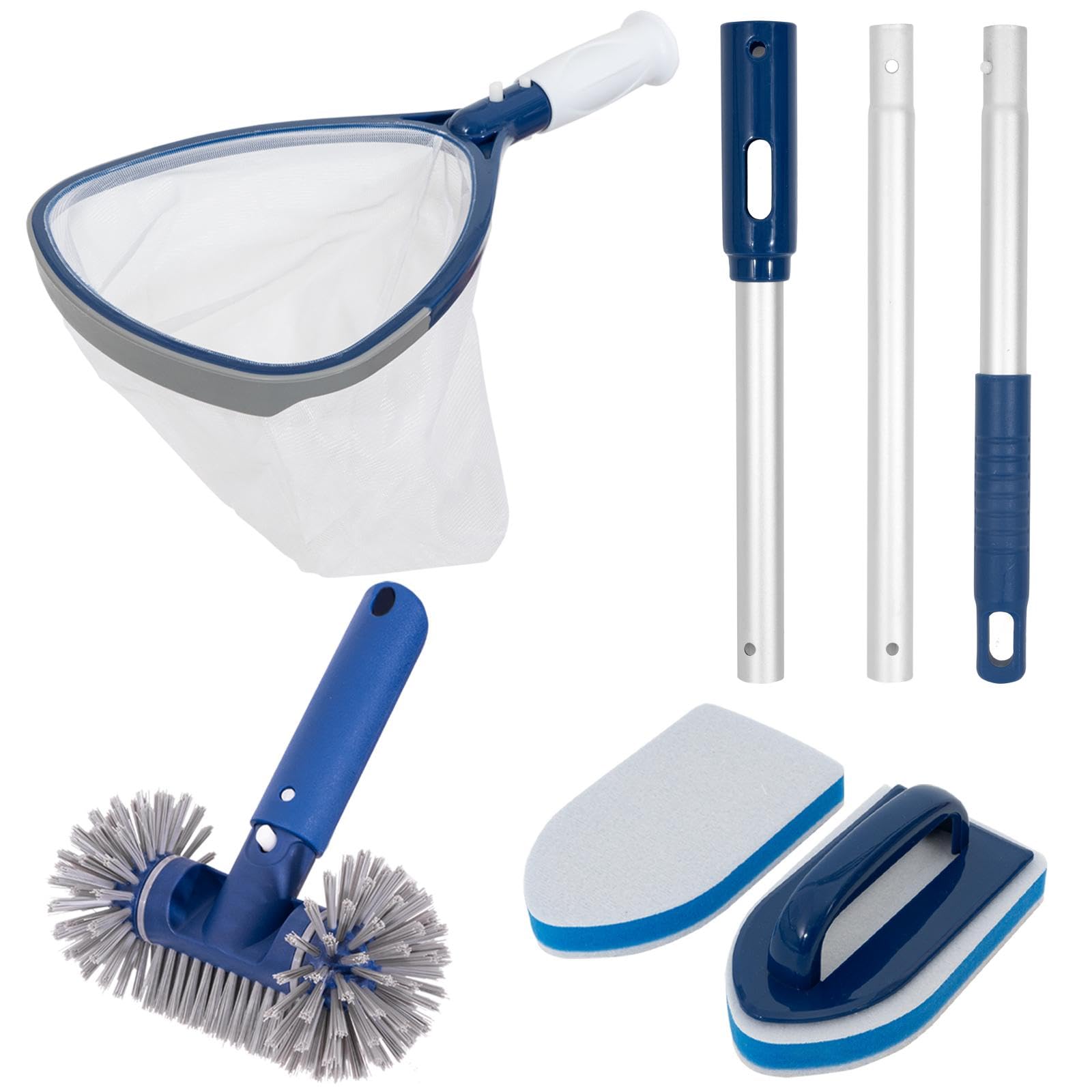 POOLAZA Kit de Nettoyage pour Piscine, Skimmer et Brosses avec Poignée Antidérapante, Pôles en Aluminium 91.5cm