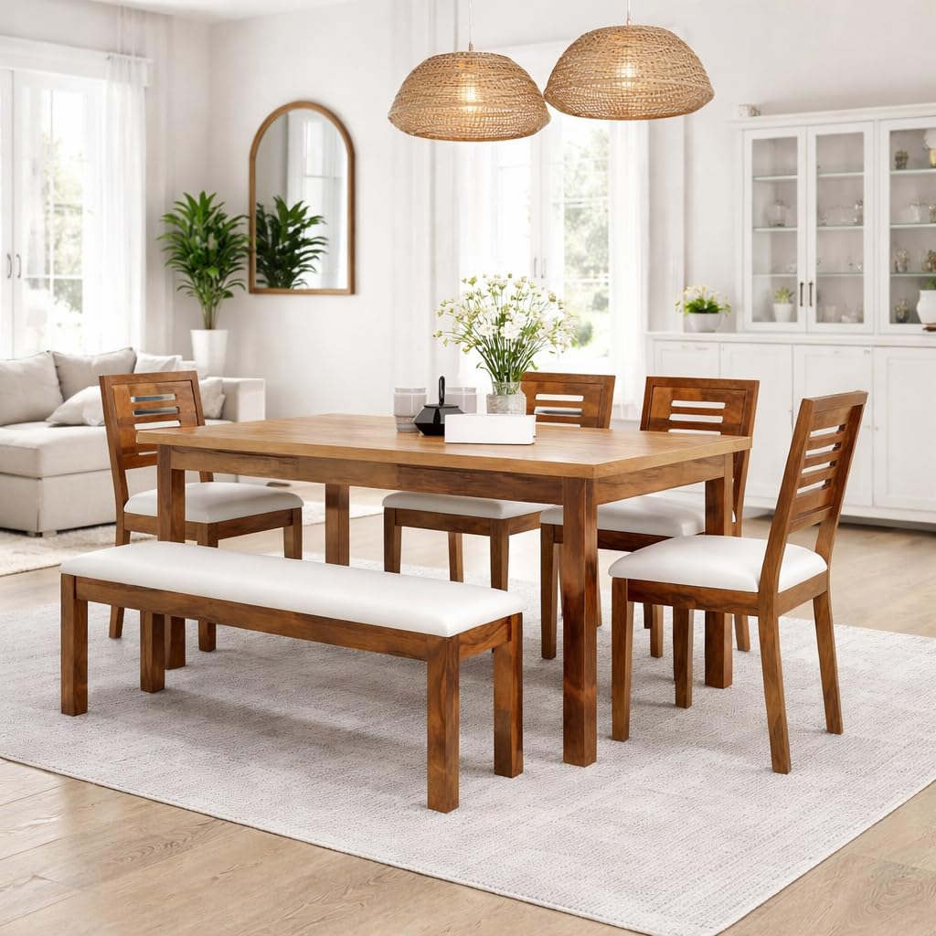 Hariom Handicraft | Sheesham Wood Dining Table with Chairs and Cushion |1 Year Warranty | Dining Room Furniture | 6 Seater Dining Set, Honey Finish | 4 Chairs and 1 Bench -DIY(Do-It-Yourself)
