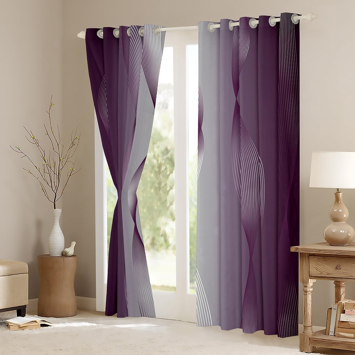 Homewish Gradient Purple and Greyish White Blackout Curtains Ombre 2 Panels 46" Wx72 L Curtains & Drapes,Trippy Spiral Silver Wave Line Curtains,Abstract Art Room Decor Aesthetic - Image 3