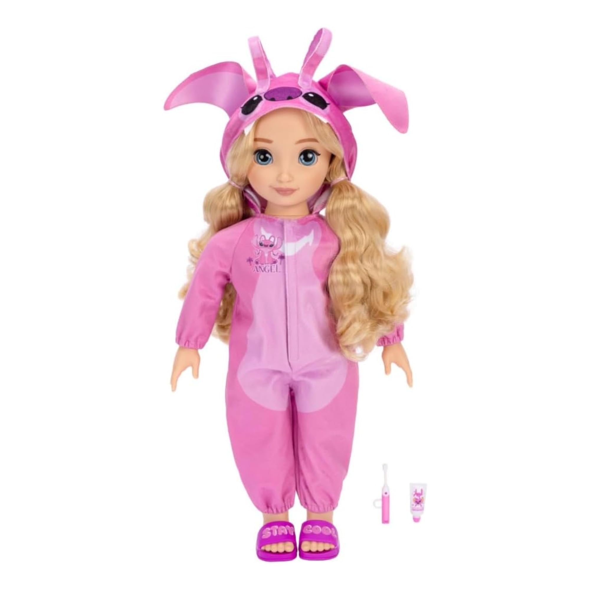Disney ILY 4ever Angel 45cm / 18" Doll With Blonde Hair, Officially Licensed by Jakks Pacific, Includes Adorable Lilo & Stitch Inspired Pink Onesie with Ears, Slides & Toothbrush, Gift for Girls 6+