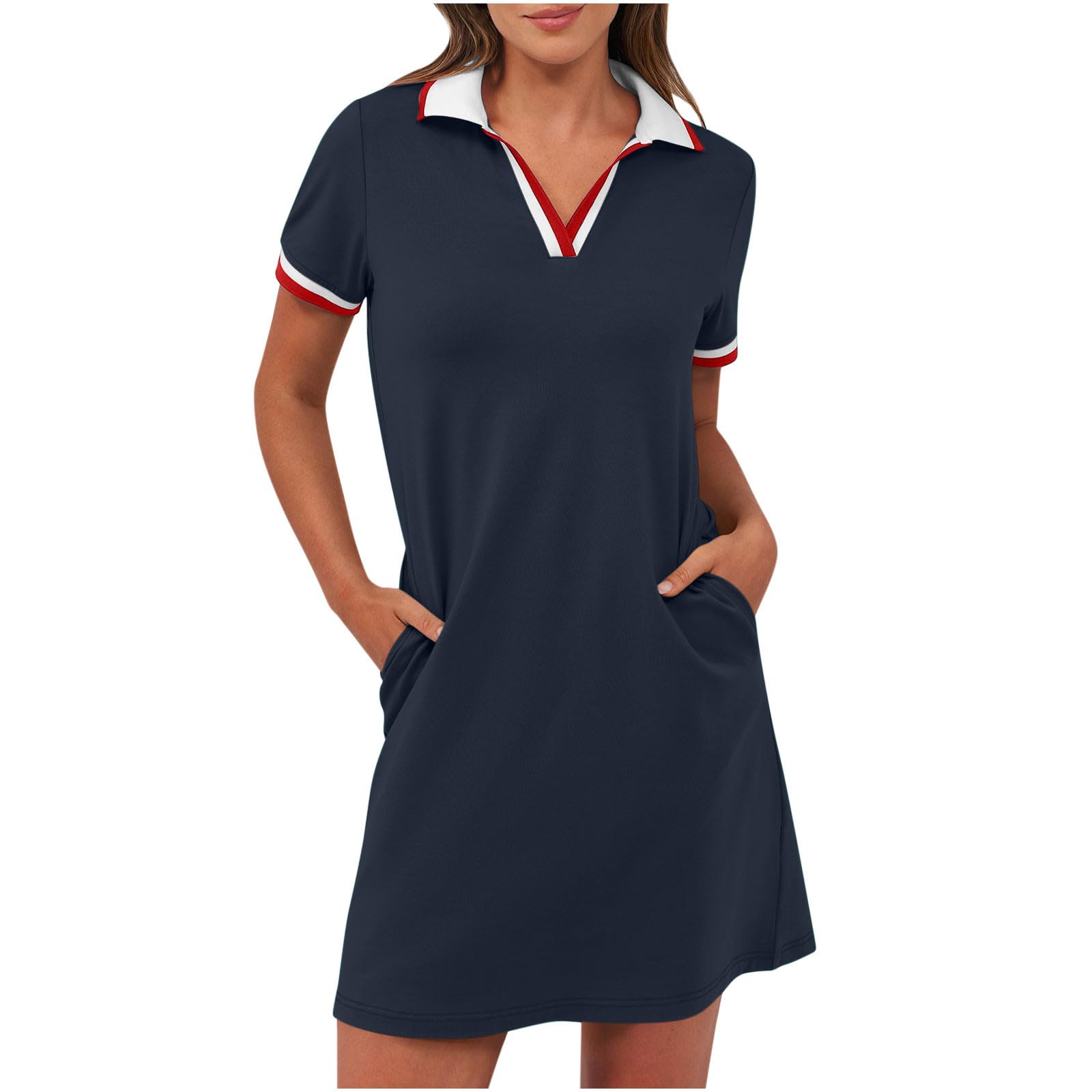 Robe polo pour femme - Mini robe d'été à revers - Longueur genou - Manches courtes - Couleur unie - Robe de golf courte avec poches - Légère et confortable - Robe de sport - Robe de tennis