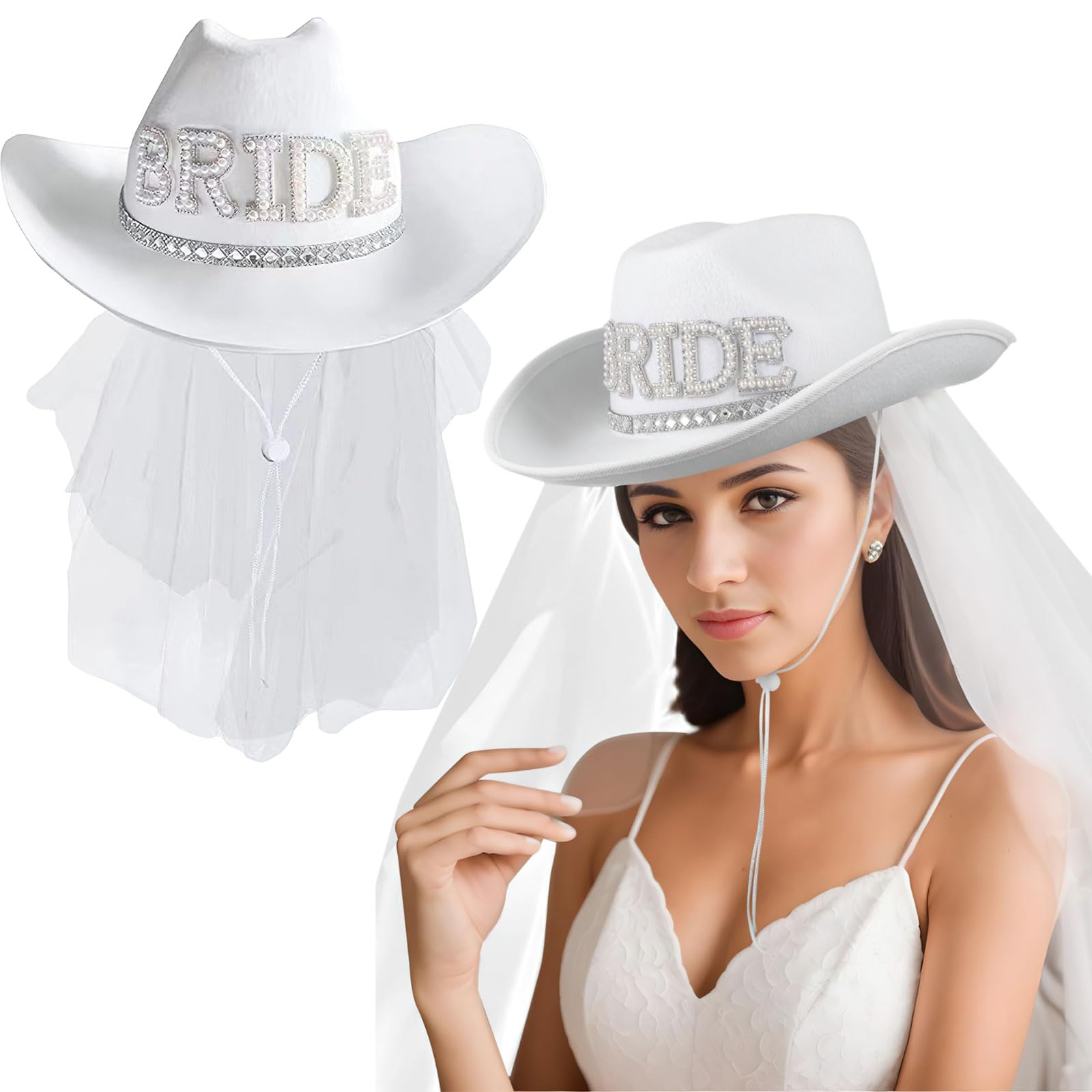 Cappello da cowboy da sposa, velo bianco con paillettes di strass, per matrimonio, addio al nubilato, addio al nubilato, decorazione per feste, feste occidentali, accessori per vestire,