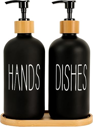 Juego de dispensador de jabón de vidrio negro mate para manos y platos, adecuado para decoración rústica de cocina (negro)