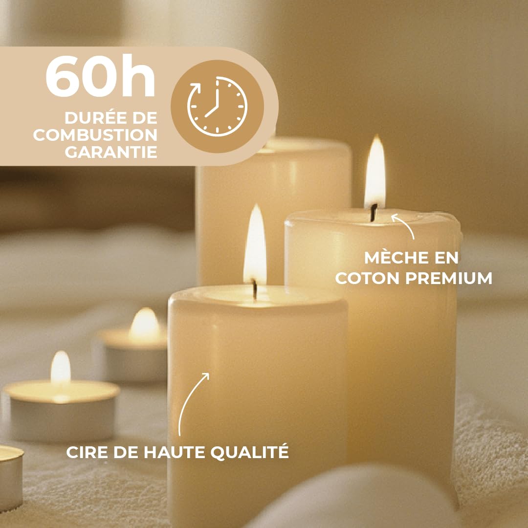 Horeca Candles - Bougies Piliers - Ivoire - Ø 8 x 15 cm - Lot de 16 Bougies Décoratives pour la Maison - Longue Durée 60 Heures - Cire Non Parfumées - Pour la Maison, Mariage, Fêtes et la Restauration