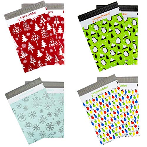 Inspired Mailers - Poly Mailers 10x13 Holiday Variety Pack of 40-10 each: Penguins, Holiday Lights, Silver Snowflakes, Red Christmas Trees (10x13, 40 Pack)