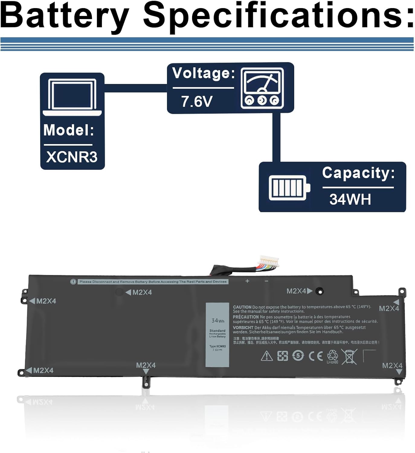 XCNR3 Laptop Battery Replacement for Dell Latitude 13 7370 Ultrabook Series 0XCNR3 WY7CG WV7CG MH25J 0WV7CG 7.6V 34Wh/4250mAh 4-Cell
