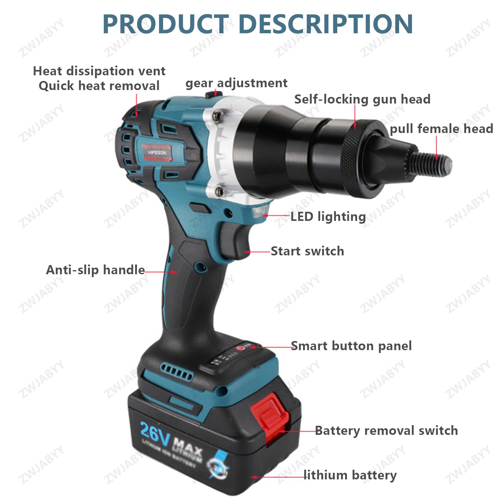 Remachadora inalámbrica, remachadora automática sin escobillas para remaches M3-M12, ideal para hierro, aluminio y acero inoxidable, incluye 2 baterías de 2200 mAh