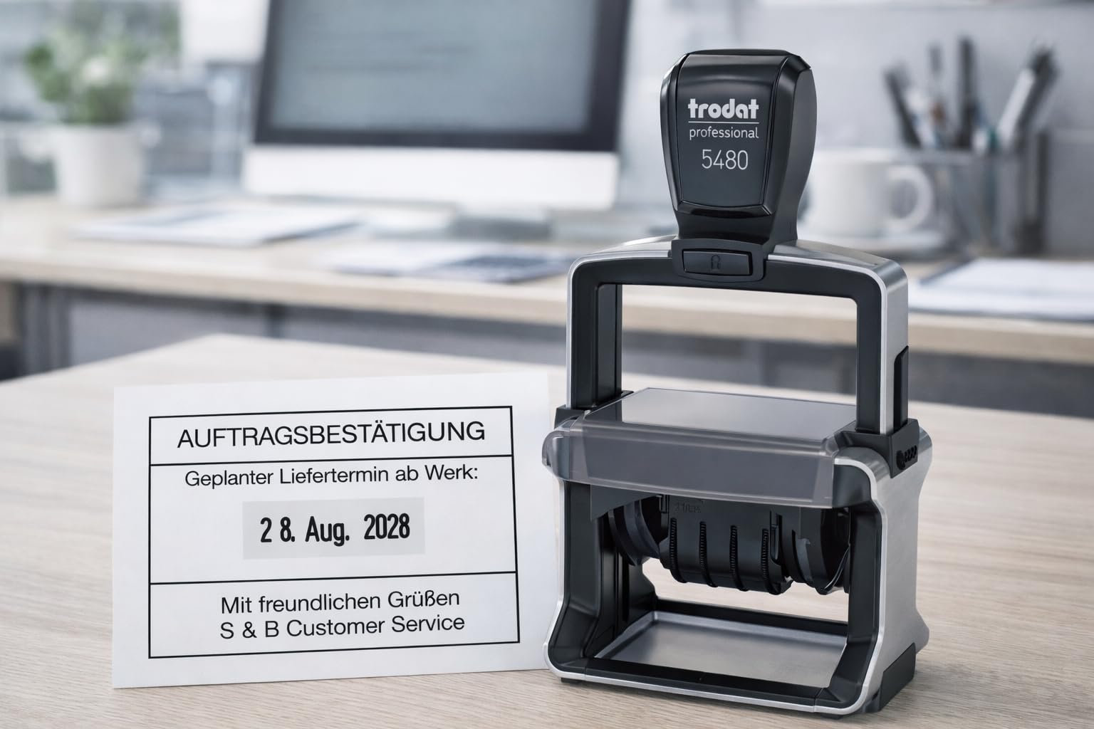 Trodat Datumstempel Professional 4.0 5480 – individuell konfigurierbar – Büro Datumsstempel mit Gutschein für persönliche Textplatte – robuster Metallstempel für Büro & Verwaltung