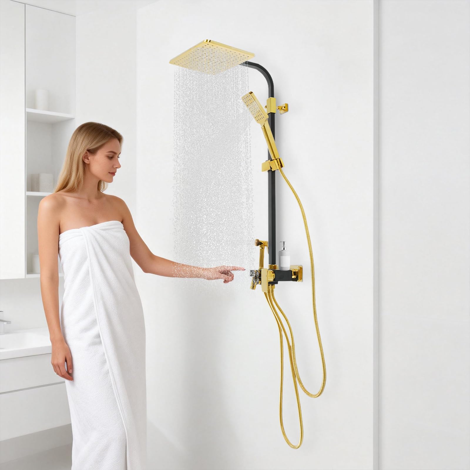 Sistema doccia con doccia a pioggia e doccetta, set completo con indicatore di temperatura e valvola in ceramica, soffione a pioggia, doccetta a mano, pistola per la pulizia, per bagno, hotel e