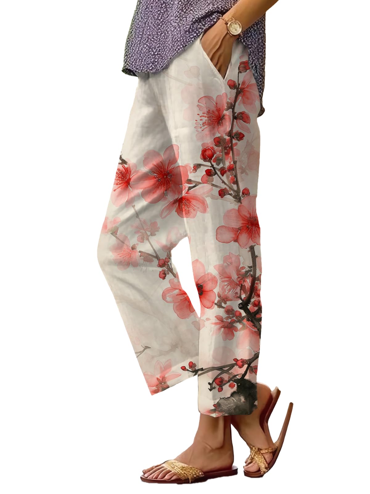 Womens Boho Floral Print Straight Leg Pants High Waist Elastic Baggy Trousers Summer Vacation Beach Pants with Packet