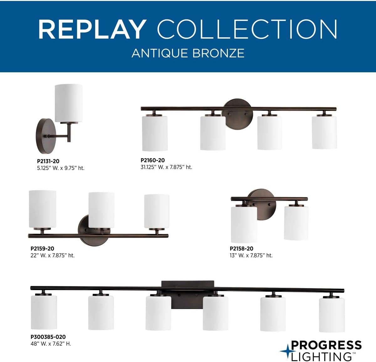 Progress Lighting Replay Collection 2 Light Bathroom Vanity Light, Modern Bath Lighting Fixture with Etched White Glass Shades for Over The Mirror, Reversible Mounting, Antique Bronze