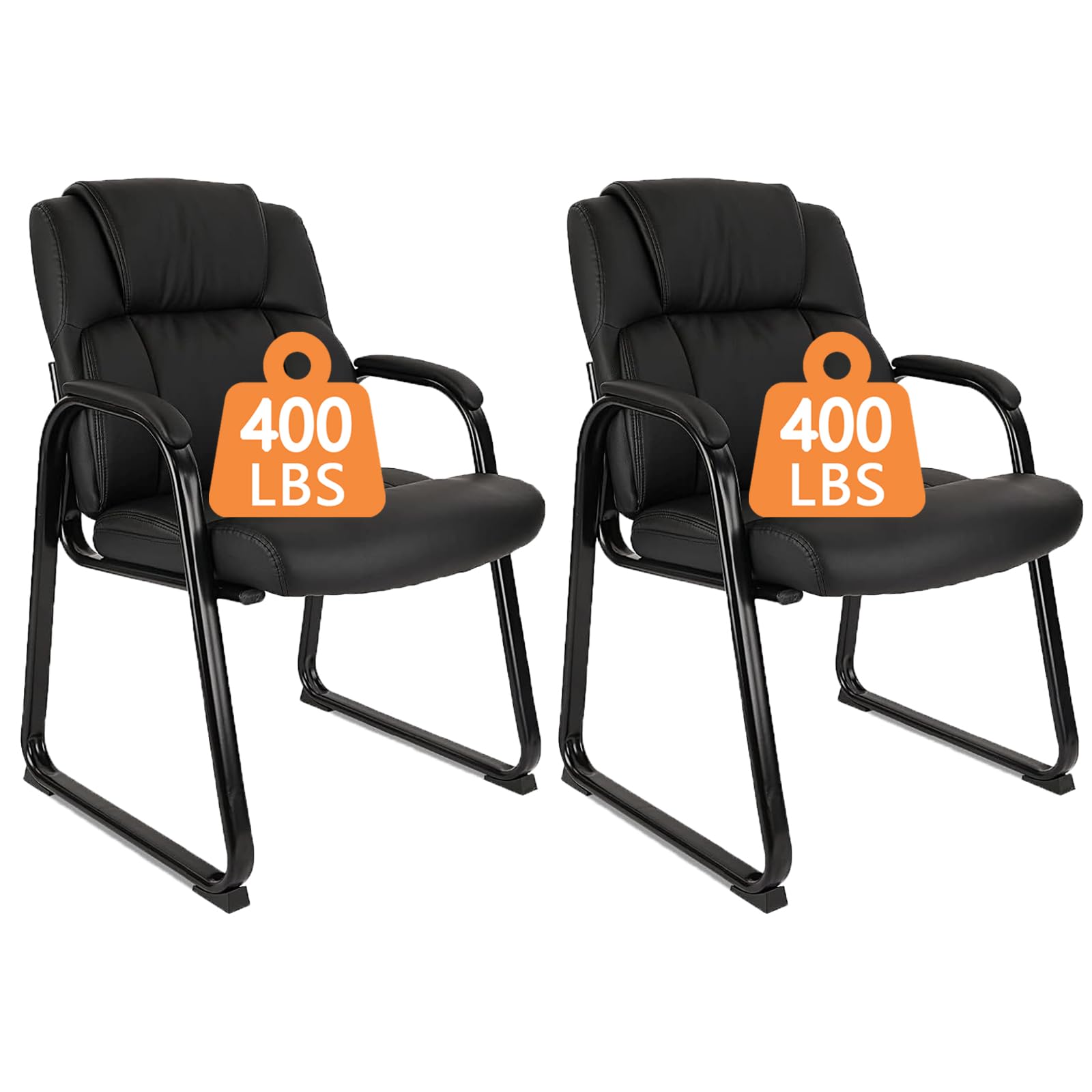 CLATINA Heavy Duty Guest Chair with Padded Armrests and Sled Base, Executive Leather Soft Reception Chair 400lbs Capacity for Office Conference Waiting Meeting Room, Black (2 Pack)