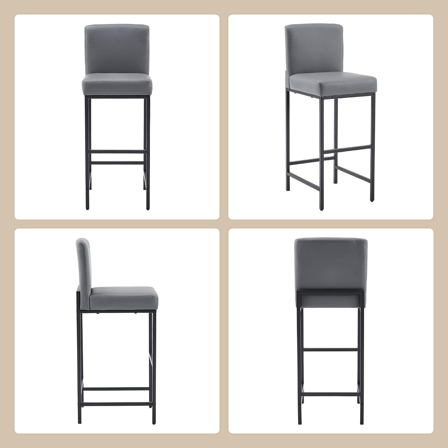 Bar Stools Set of 4, 30" Bar Height Barstools with Back, Upholstered Faux Leather Bar Chairs Modern Bar Stool for Kitchen Island & Home Bar, Metal Legs, Grey