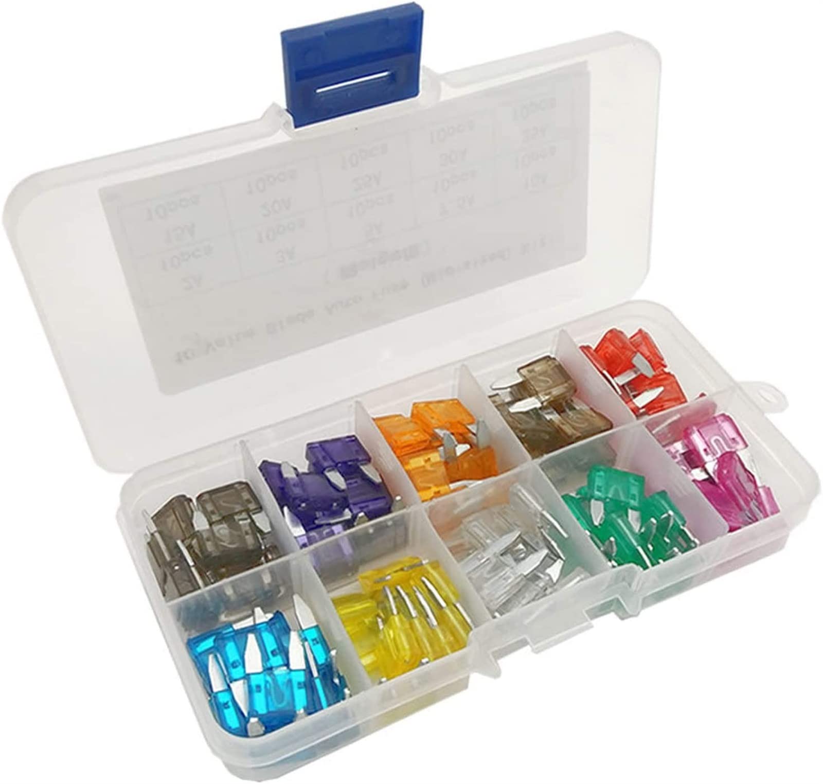 100 pcs/lot Mini fusible automatique 10 valeur voiture fusible lame Kit assortiment avec boîte 2A 3A 5A 7.5A 10A 15A 20A 25A 30A 35A Câblage de protection