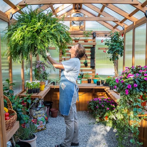 Image of Backyard Discovery Bellerose 11' x 7' Cedar Wood and Polycarbonate Walk-In Greenhouse Kit with Pergola, Exhaust Fan, Windows, Hose Hook-Ups, PowerPort, Staging Shelves for Year-Round Outdoor Gardening