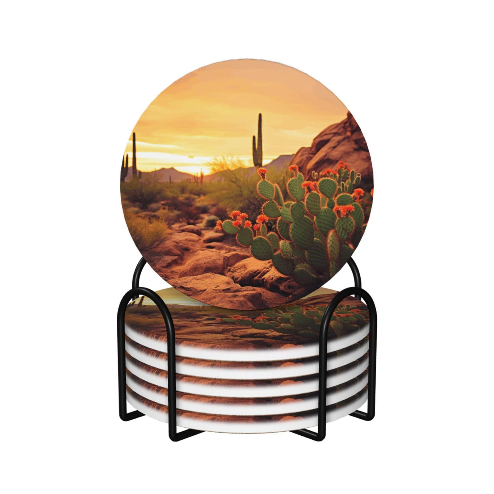 6Pcs Ceramics Coaster for Drinks, Cactus at Sunset Poster Cup Coasters with Holder, Aesthetic Drink Coasters for Coffee Table, Absorbent Round Coaster for Tabletop Protection 4" Cup Mat Pad