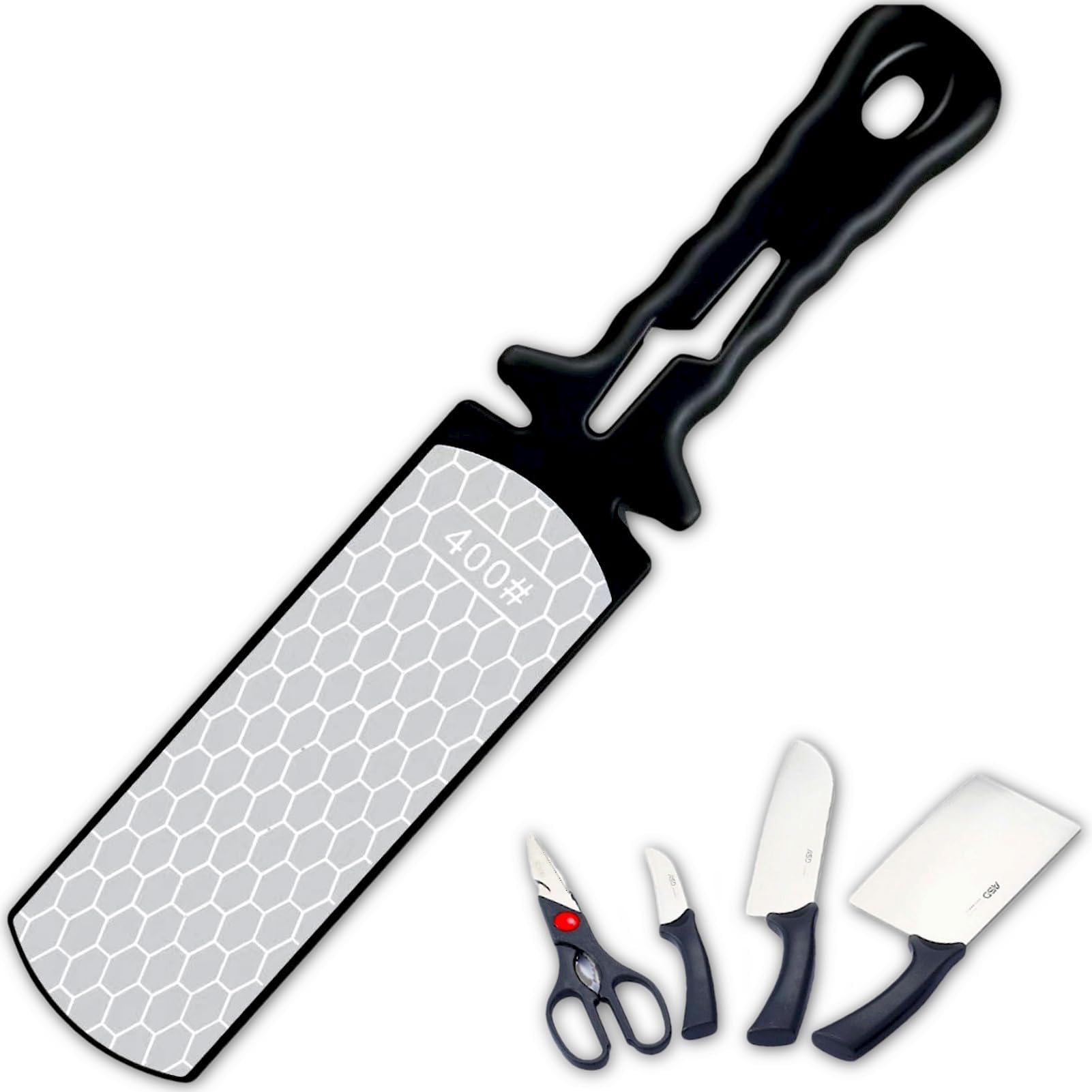5-In-1 Diamond Sharpening Plate, Azonee Knife And Scissors Sharpener, Handheld Double-Sided Diamond Sharpener, 400/1000 Grit Honeycomb Surface Outdoor Kitchen Grinding Tool
