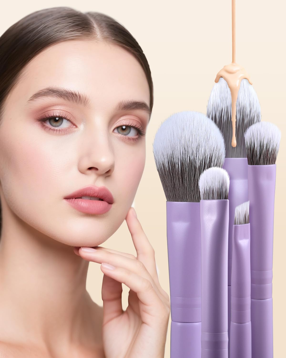 EIGSHOW Set di 5 pennelli da trucco con setole infuse agli ioni d'argento, pennelli da trucco professionali essenziali per il viso completo, per cipria, fondotinta, ombretto, eyeliner, correttore