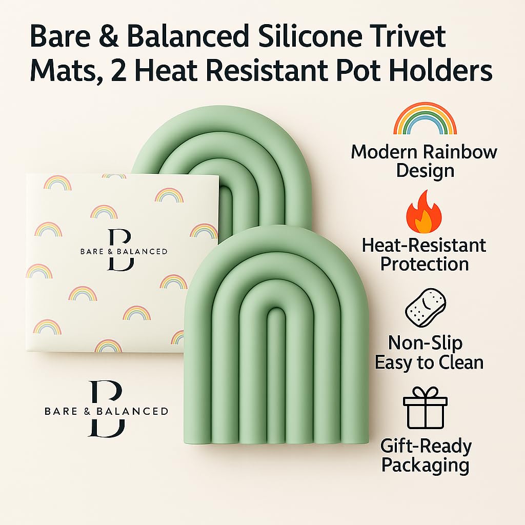 Bare & Balanced Lot de 2 dessous de plat en silicone résistants à la chaleur – Tapis de cuisine antidérapants et multi-usages, dessous de verre isothermes et maniques – Sets de table modernes pour