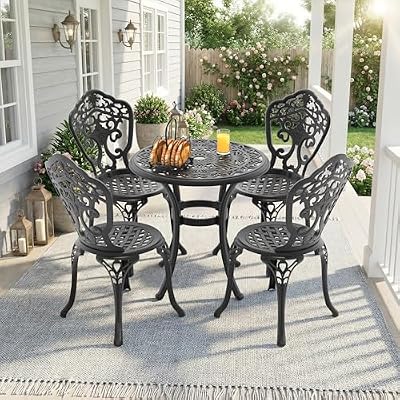 Star20XX Patio Dining Set, Outdoor Dining Set, Cast Aluminum Patio Set, 5 Piece Black Round Table and Chairs with Umbrella Hole for, Deck, Porch