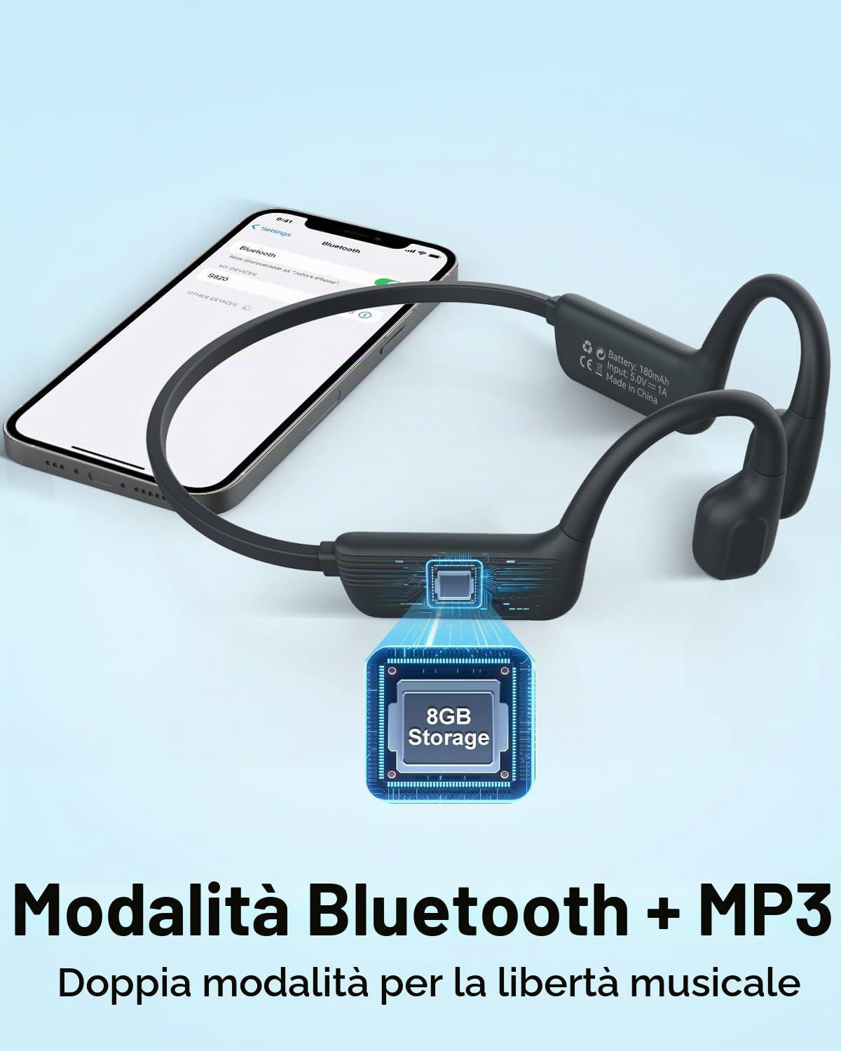MONODEAL Cuffie da nuoto IP68 impermeabili con suono osseo Bluetooth 5.4, cuffie Bone Conduction Headphones con memoria lettore MP3 da 8 GB, cuffie aperte per nuoto corsa