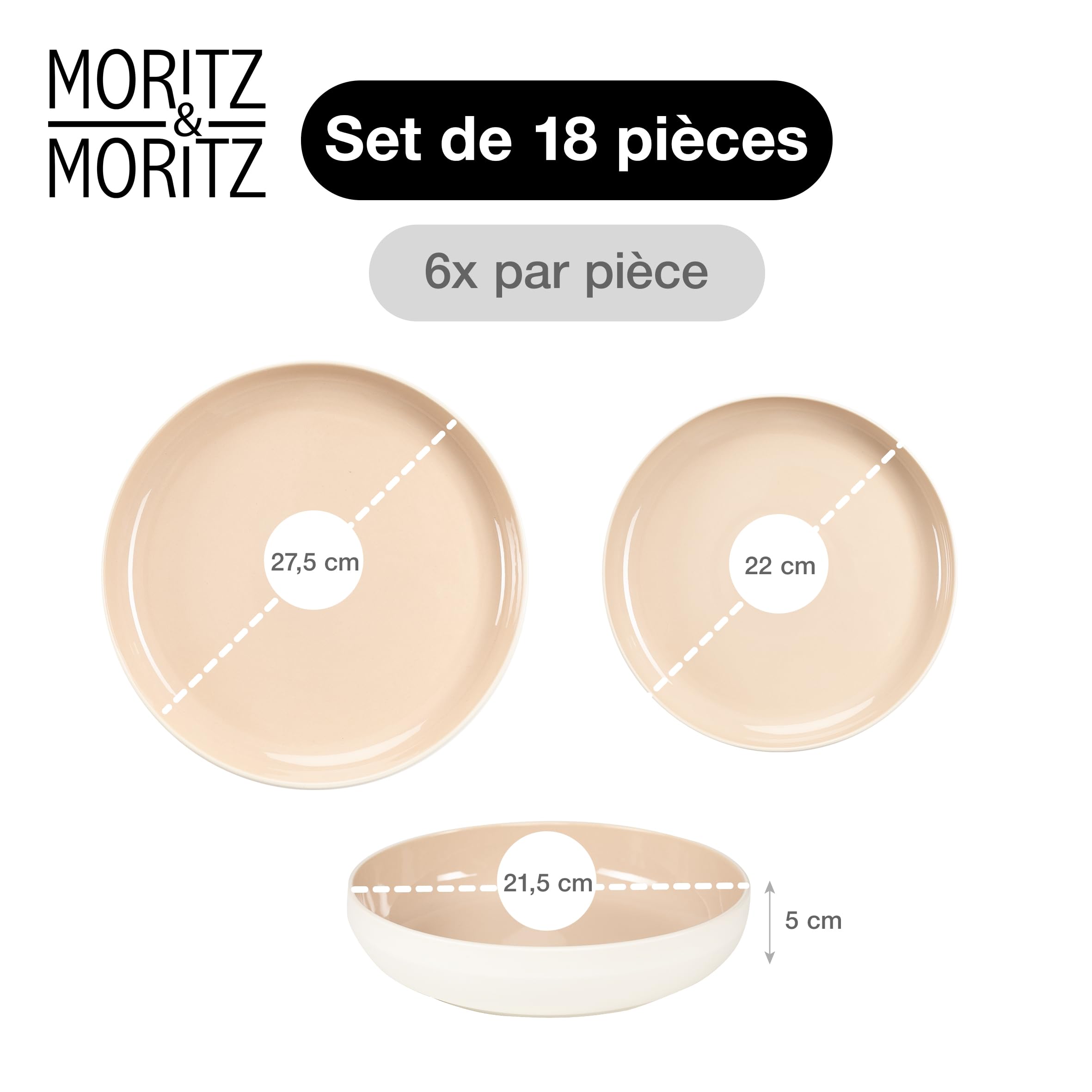 Moritz & Moritz CAVO Service de table 18 pièces pour 6 personnes Almond – Assiettes en grès – Service de table moderne avec assiettes plates, assiettes à dessert et bols à soupe – Élégant et robuste