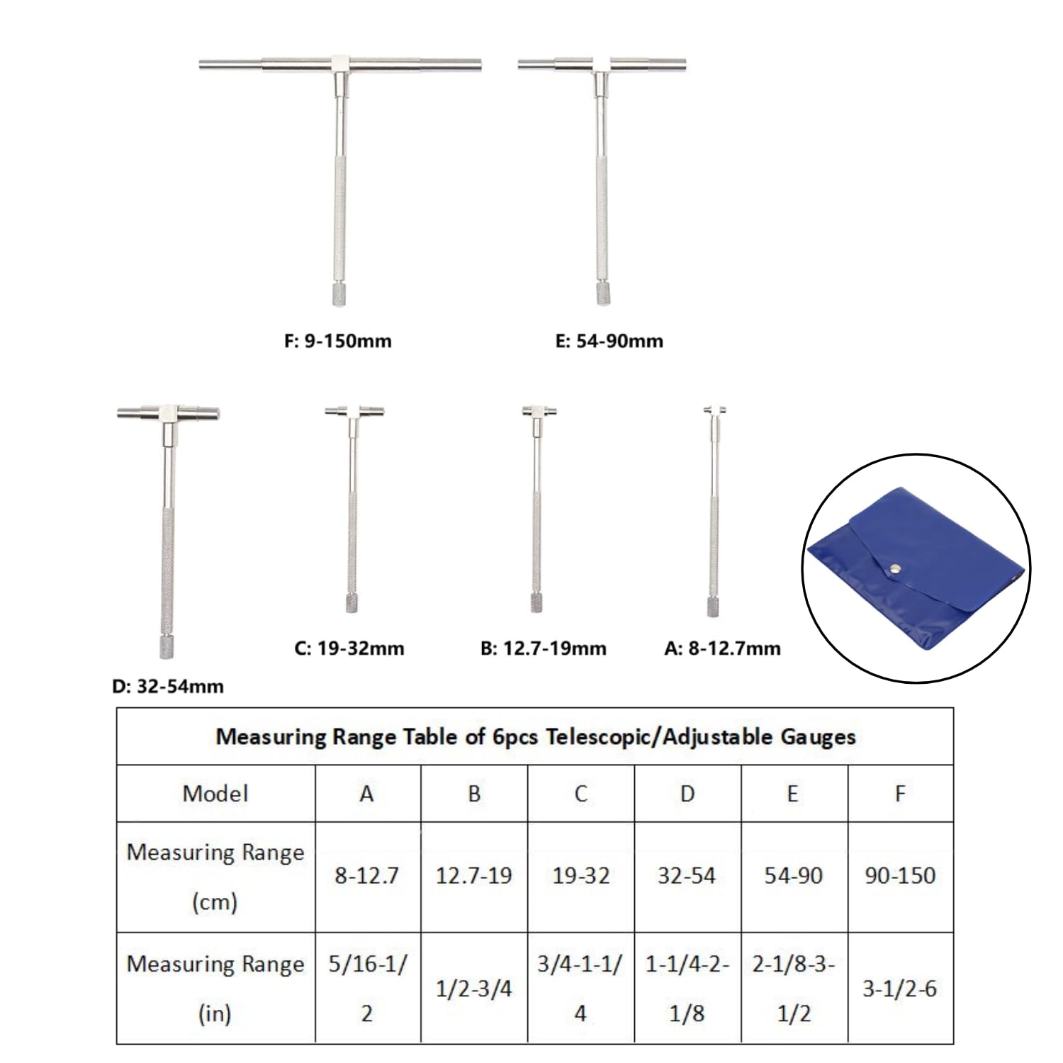 Outils de mesure de micromètre, jauge télescopique 6 pièces/ensemble 8-150mm jauge de diamètre intérieur réglable nickel pour aider à la vérification rapide des trous