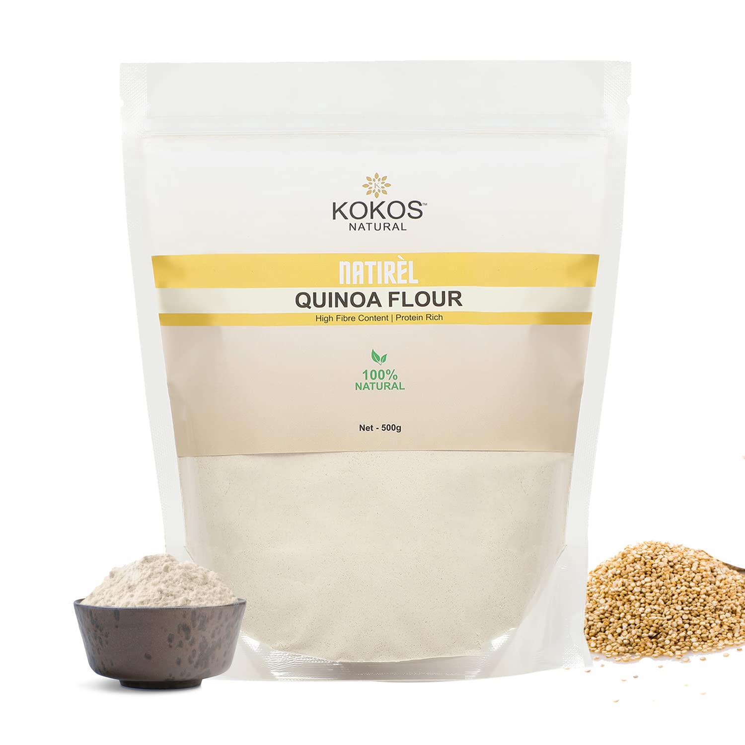 Kokos Natural Quinoa Flour 500 Gm - High Fiber, Protein Rich, Gluten Free, & Nutritious with Essential Amino Acids &Antioxidants. Ideal for Parathas, Baked Items, Pizza, & for Ideal for Weight Loss.