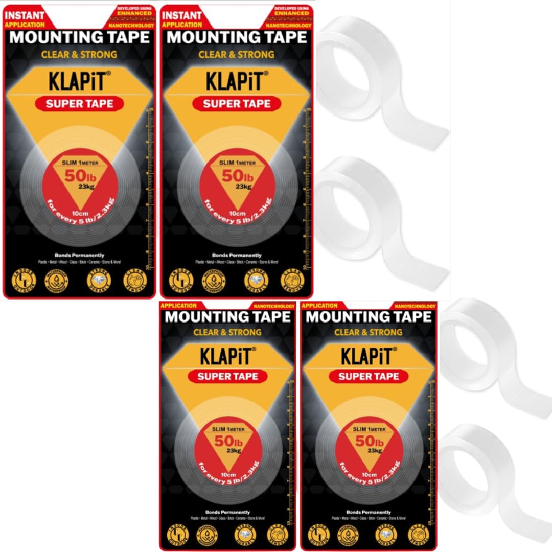 SUPER TAPE Double Sided Tape Heavy Duty Mounting Tape Holds 50 Pounds or 23Kg Weight Using Enhanced Nano Technology. Clear Tape for Wall, Wood, Tile, Stone, Glass, Metal and Acrylic (4)