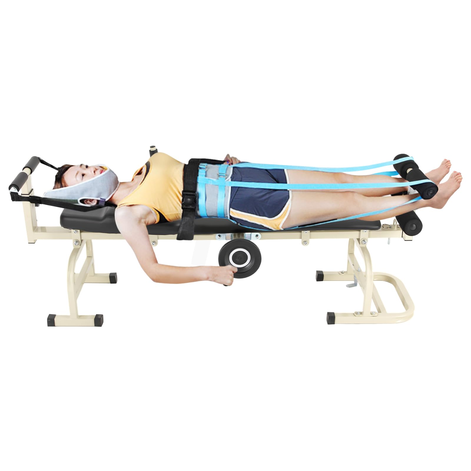 Cervical and Lumbar Spine Stretcher - Folding Traction Table Lumbar Traction Device, Massage Bed Therapy Body Stretching Devices with Handwheel and Safety Belt, Back Stretch Equipment