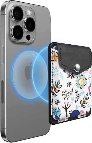 LINYUNE Cartera Magsafe de Apple, tarjetero de cuero con patrón floral Fuerza súper magnéticaHasta 5 tarjetas Bloqueo RFID Cartera segura para