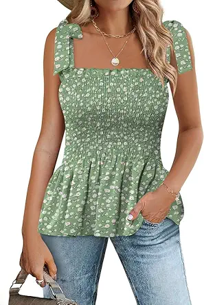 Micoson Ruffle Tank Tops for Women Summer Square Neck Sleeveless Tops Tie Shoulder Chiffon Blouse Babydoll Shirts