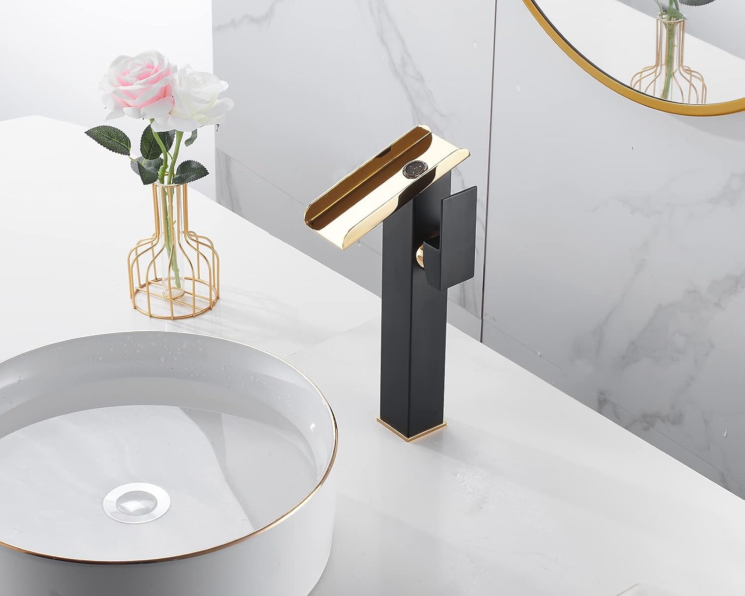 Bathroom Vessel Sink Faucet Black&Gold Waterfall Single Handle 1 Hole Matching Bathroom Pop Up Drain Without Overflow Lavatory Vanity Basin Tap Deck Mount Farmhouse Bowl Sink Bath Faucets Commercial
