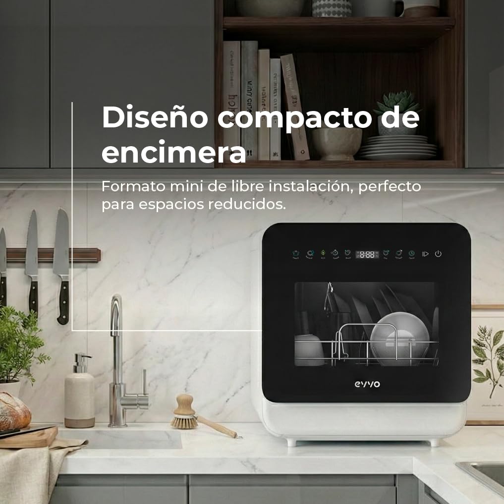 Lavavajillas EVVO Mini D Trip 3 – Lavavajillas Compacto Sobremesa, 3 Servicios, Clase Energética C, 6 Programas, Secado Extra Air Fresh, Panel LED Táctil, Inicio Diferido, Sin Instalación