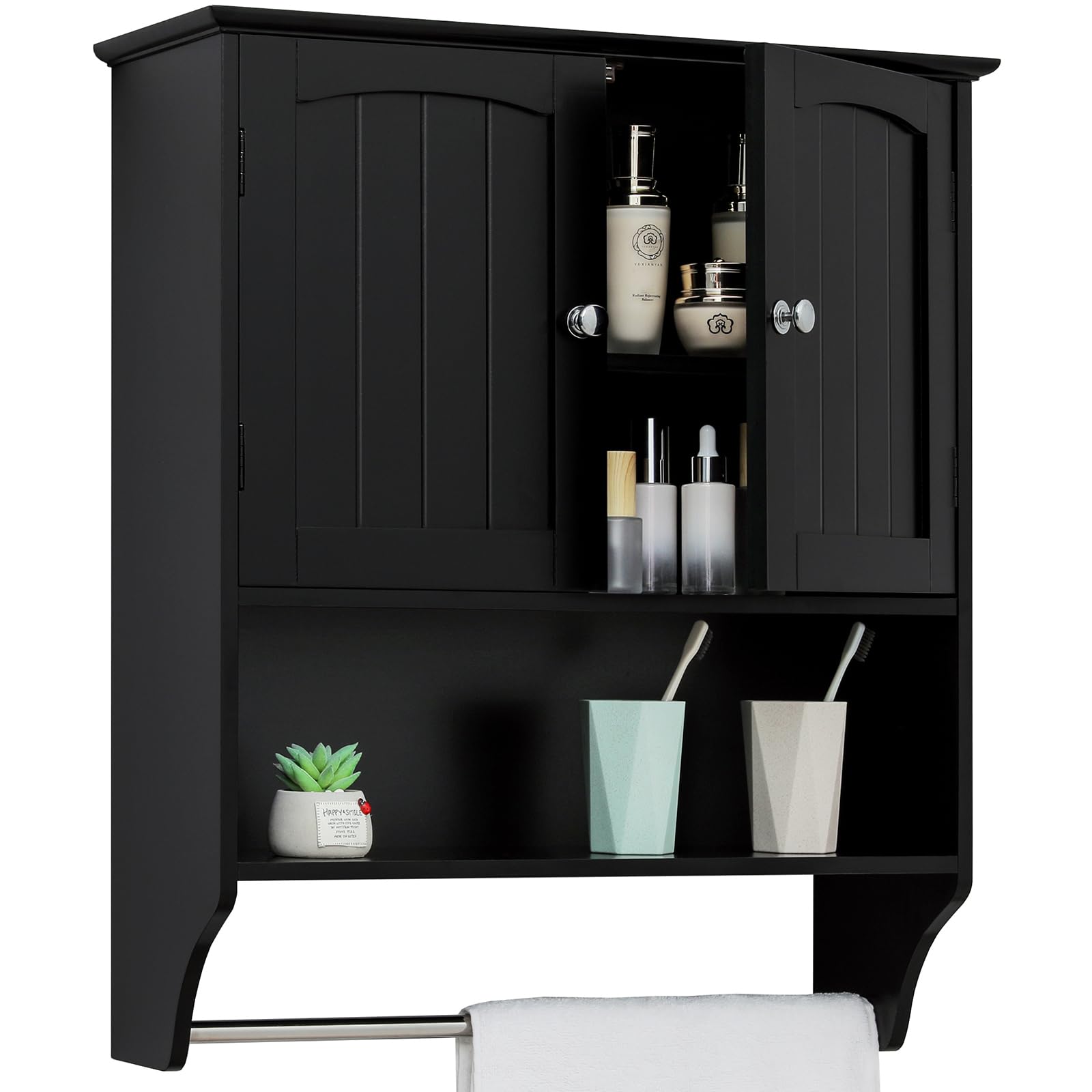 Iwell Bathroom Wall Cabinet with Adjustable Shelf & Doors, Over The Toilet Storage Cabinet, Medicine Cabinet for Bathroom, Laundry Room, Kitchen, Black