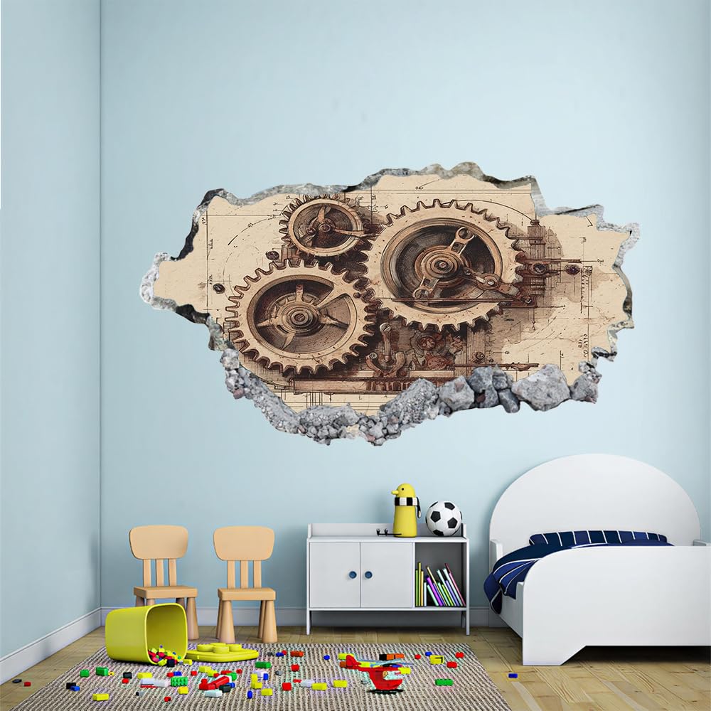 3D Wandtattoo Wanddurchbruch, Gang Durchbruch Wandaufkleber für Kinderzimmer, sticker für Wohnzimmer, Retromechanisch Wandsticker, Wandbild Junge Mädchen Schlafzimmer