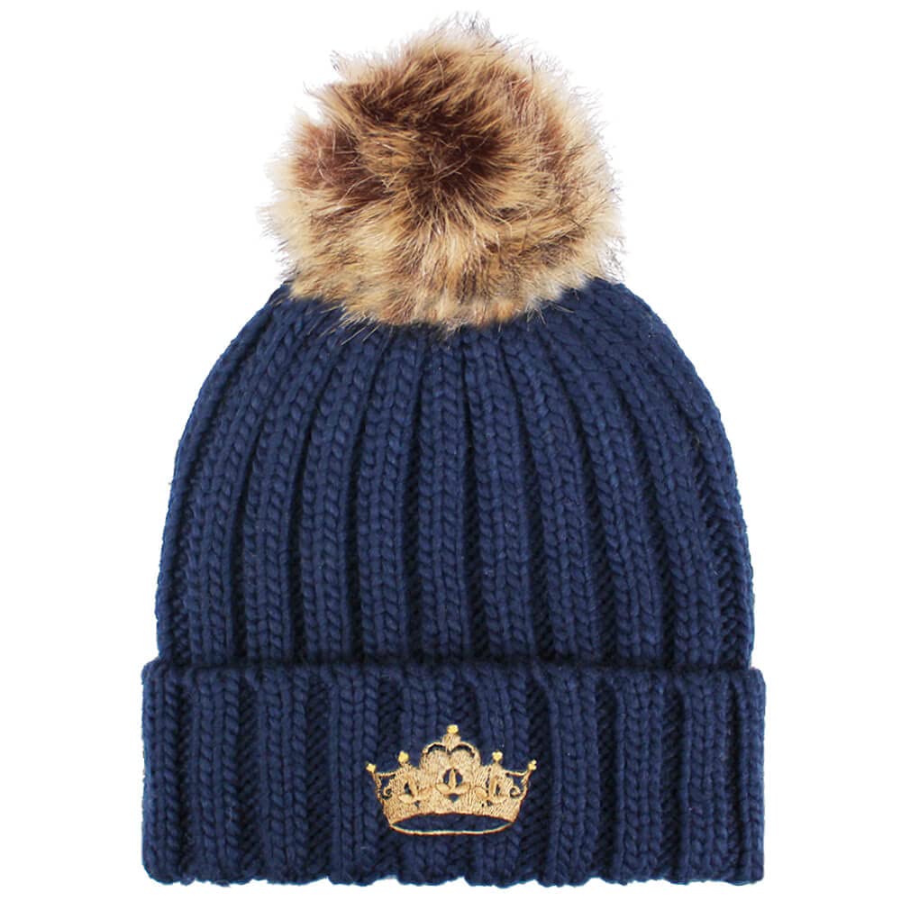 TeddyT's Ladies Embroidered Queen Crown Rib Bobble Hat (French Navy)
