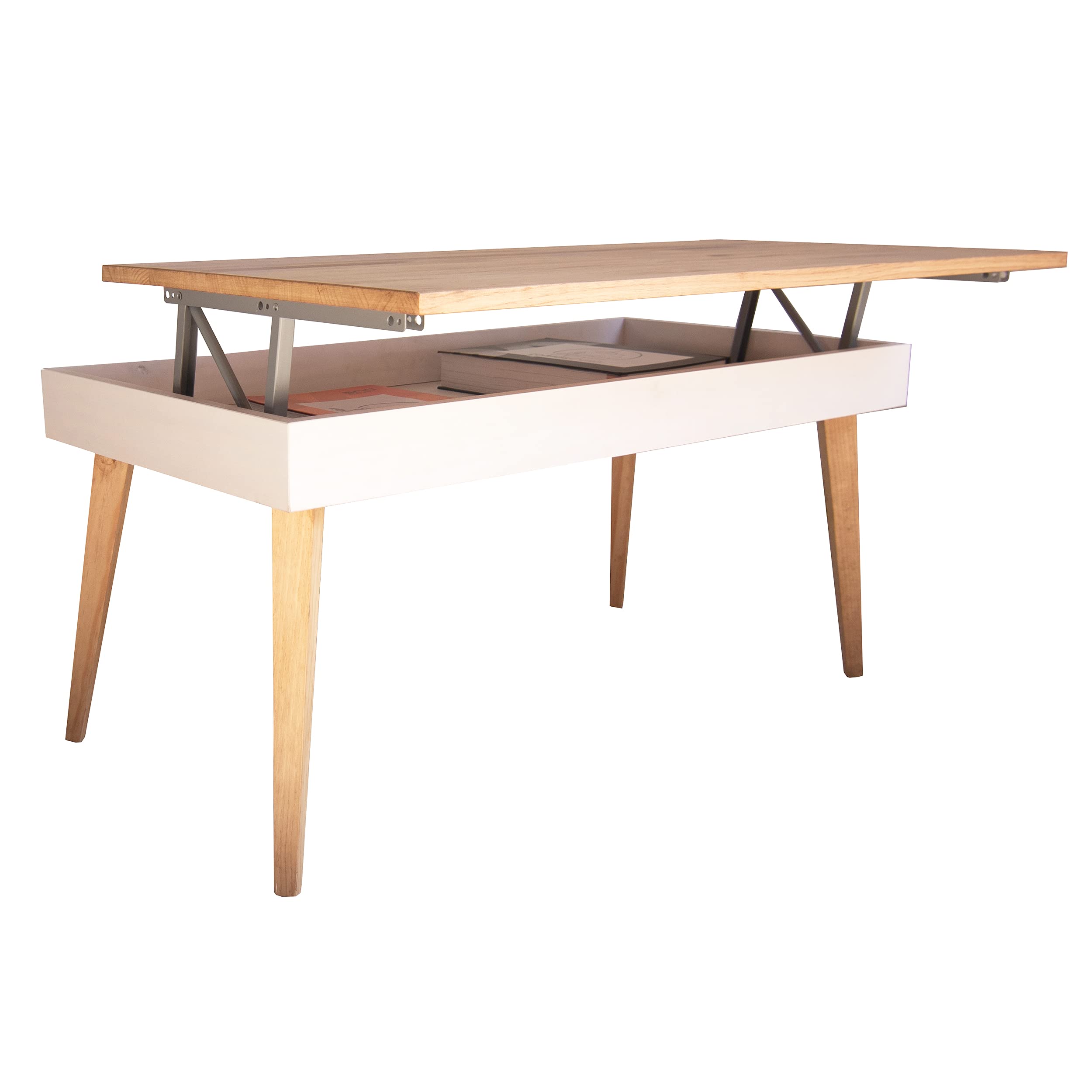 LoMasCasa - Mesa de Centro Elevable con Cajón Modelo Karol de Estilo Nórdico con Acabado Madera y Blanco Fabricada en Madera Natural Maciza de Pino con Medidas: 100 x 50 x 47 cm