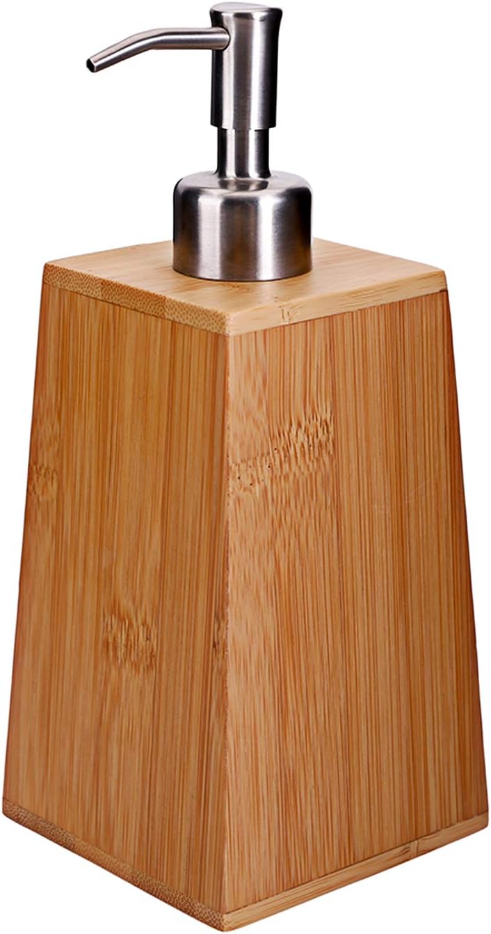 8 oz Bamboo Soap Dispenser with Stainless Steel Spray Head for Bathroom Accessories and Various Liquids, Trapezoid