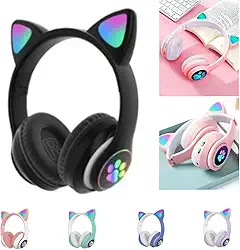 Fone De Ouvido Com Led Infantil Orelhinha Gato MUSICA SEM FIO COLORIDO GATINHO Bluetooth (PRETO)