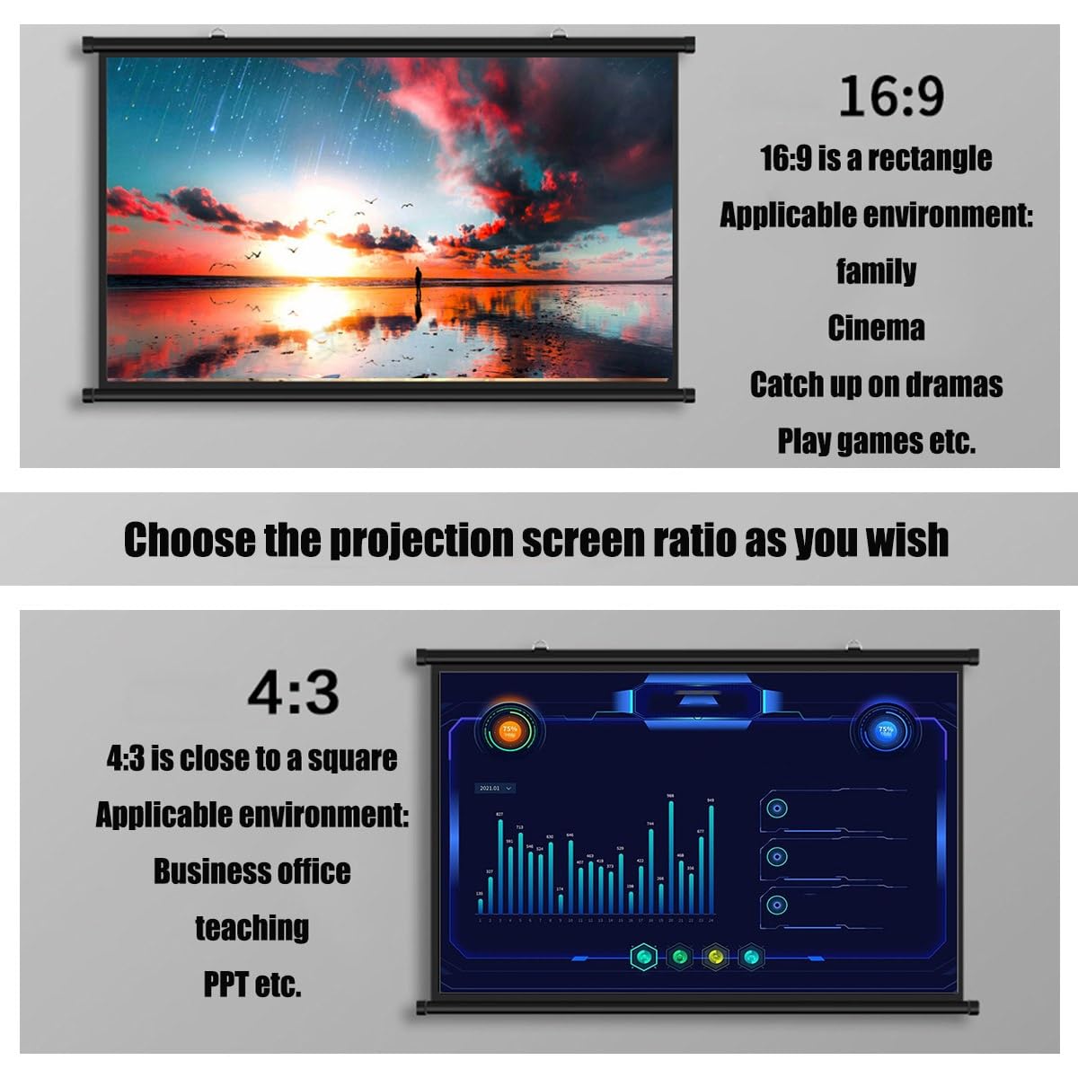 Pantalla para proyector 60 Pulgadas 72 Pulgadas, Pantalla de proyección 4:3 16:9, 1.1 Ganancia HD sin Arrugas Pantalla de Cine portátil para proyector Home Cinema School Office (Size : 60" (4:3))