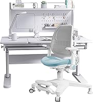 Vista 29 de FCD Escritorio ergonómico de madera de altura ajustable para niños con silla, mesa de dibujo, estación de computadora, estantería integrada