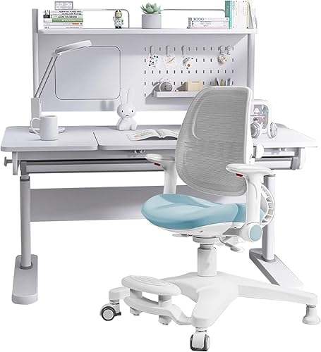Miniatura 29 de FCD Escritorio ergonómico de madera de altura ajustable para niños con silla, mesa de dibujo, estación de computadora, estantería integrada