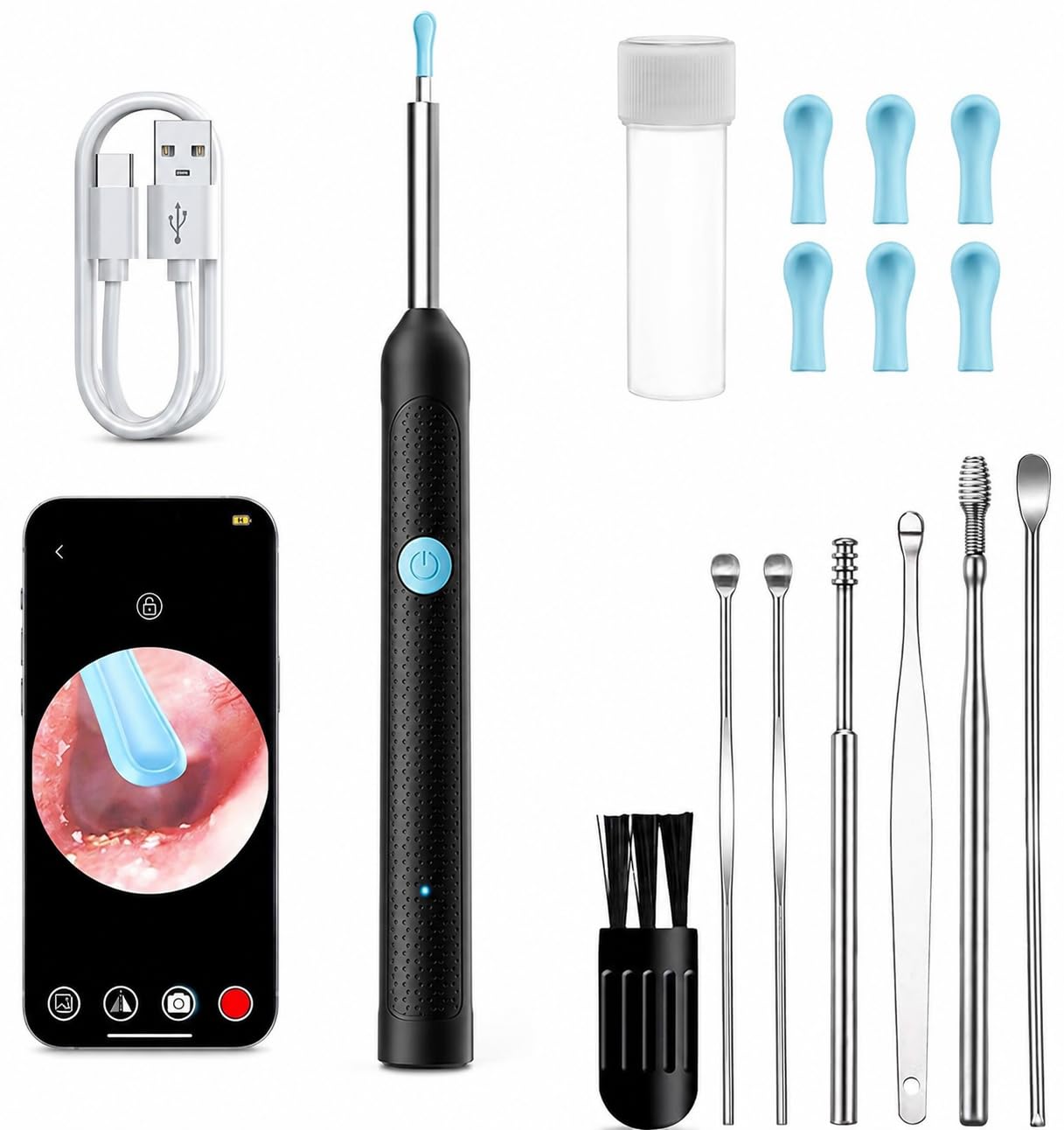 Ear Wax Removal Tool with Camera - Wireless Otoscope, LED Light, USB Rechargeable HD Cleaning Kit, Silicone Tips & Metal Accessories for Android/iOS Phone Home Use-image-31