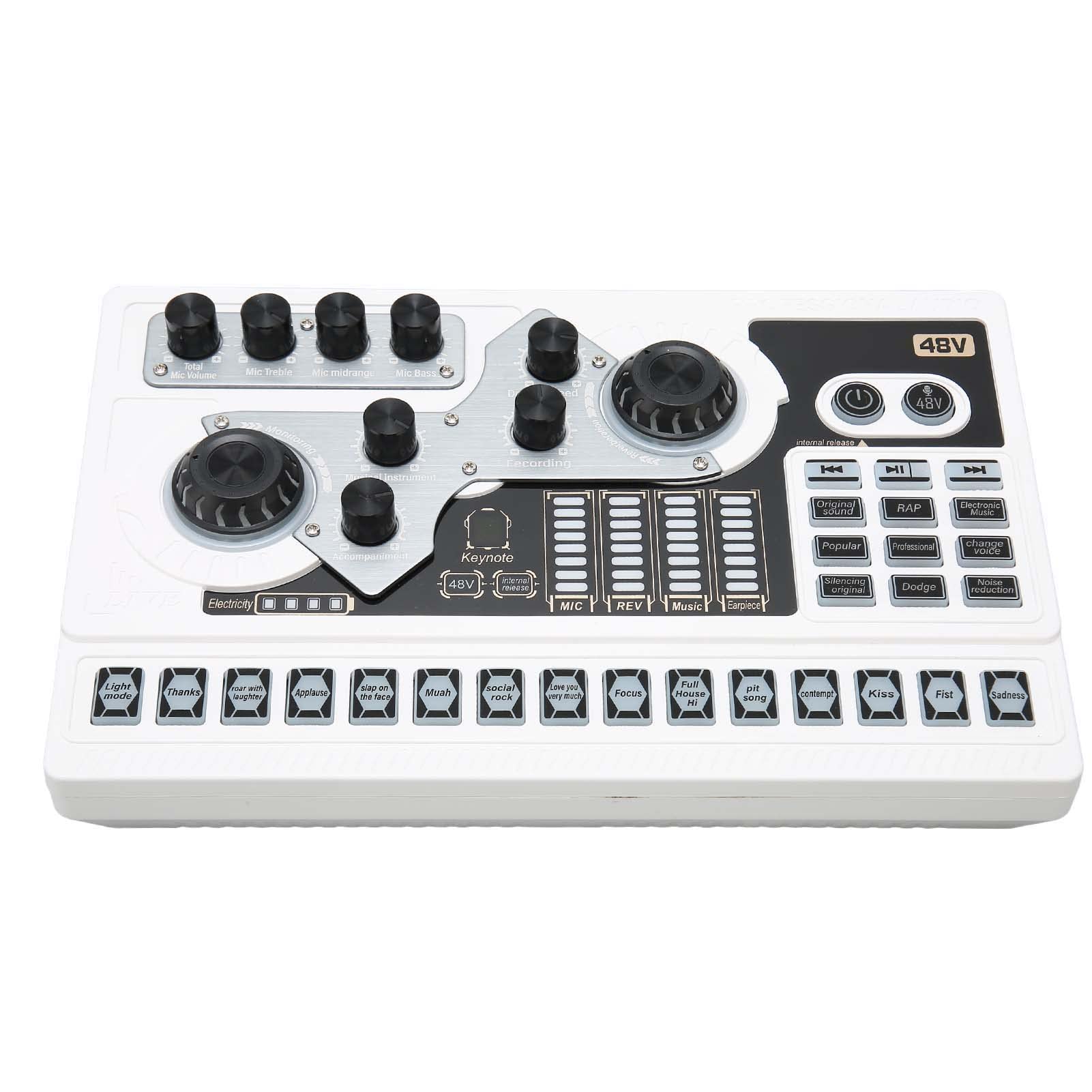 Voice Changer Sound Mixer, 5.0 Live Sound Card Real Time Monitoring RGB Light Type C Charging Large Knob for Phone for Karaoke (White)