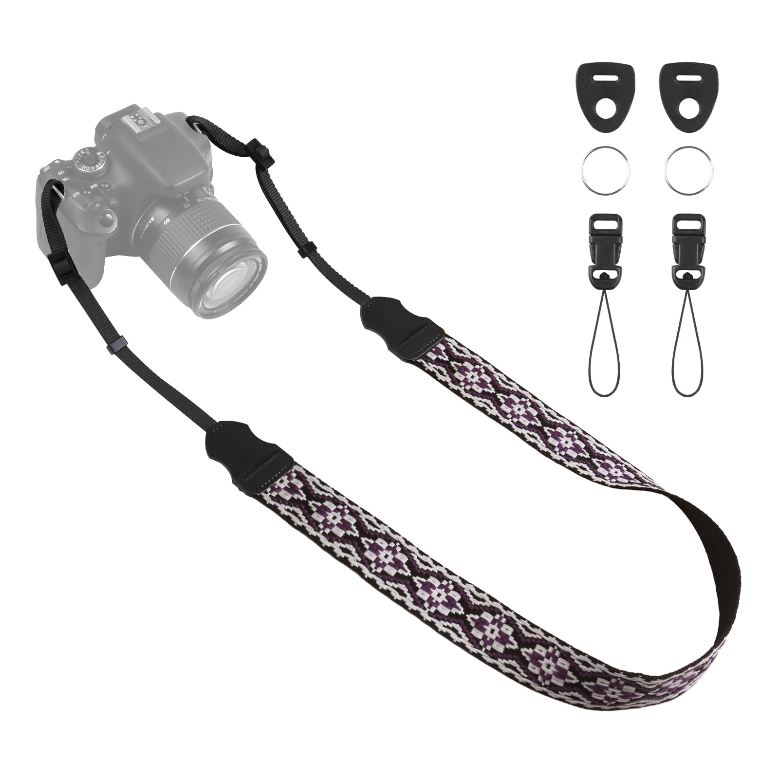 Universal Camera Strap - Camera Neck Strap, Adjustable Shoulder Straps Compatible with Canon, Fujifilm, Nikon, Olympus, Panasonic and other SLR and mirrorless cameras - Purple and Black Geo